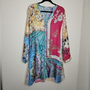 Johnny Was Silk Floral Button Front Long Sleeve Tunic Top Women's Size Medium